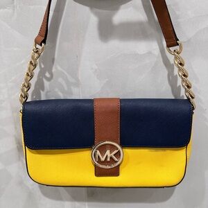 Michael Kors Navy, Yellow, and Brown Shoulder Bag